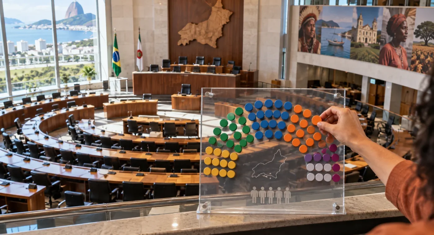 Painel didático de distribuição de cadeiras diante de uma assembleia legislativa estadual
