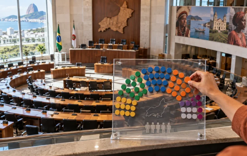 Painel didático de distribuição de cadeiras diante de uma assembleia legislativa estadual