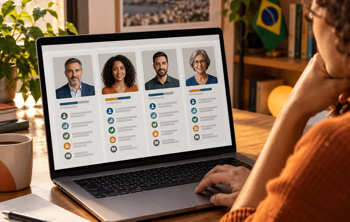 Eleitora pesquisa candidaturas em plataforma pública com interface abstrata
