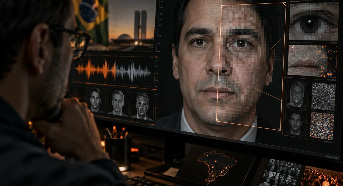 Analista examinando sinais visuais e sonoros de um conteúdo manipulado por inteligência artificial