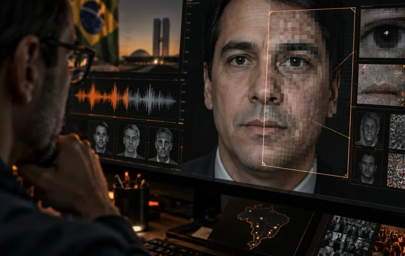 Analista examinando sinais visuais e sonoros de um conteúdo manipulado por inteligência artificial