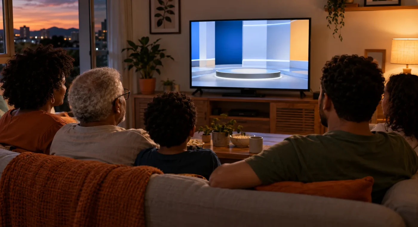 Família brasileira assistindo ao horário eleitoral pela televisão