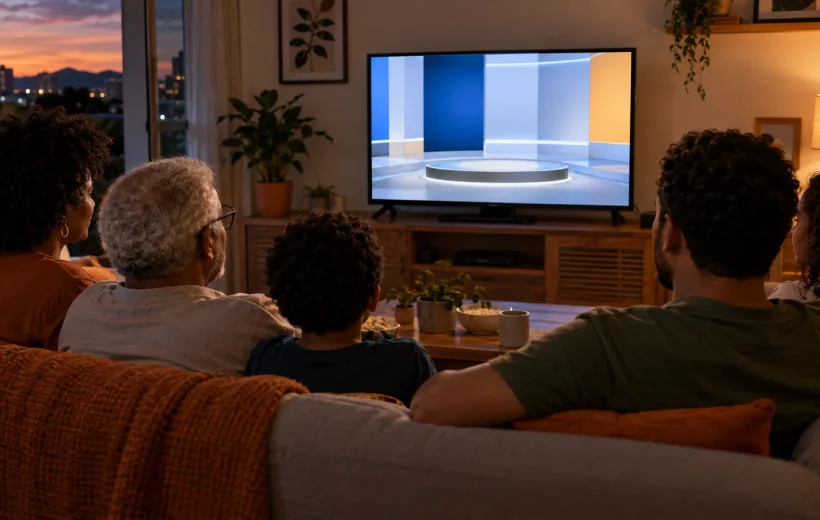 Família brasileira assistindo ao horário eleitoral pela televisão