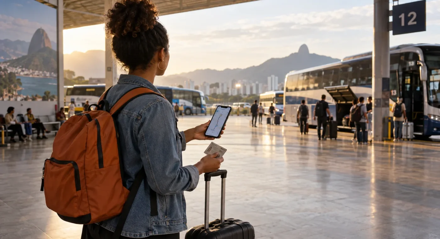 Eleitora em terminal rodoviário consultando o trajeto para votar fora da cidade