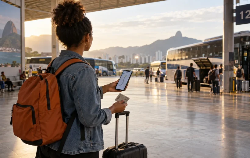 Eleitora em terminal rodoviário consultando o trajeto para votar fora da cidade
