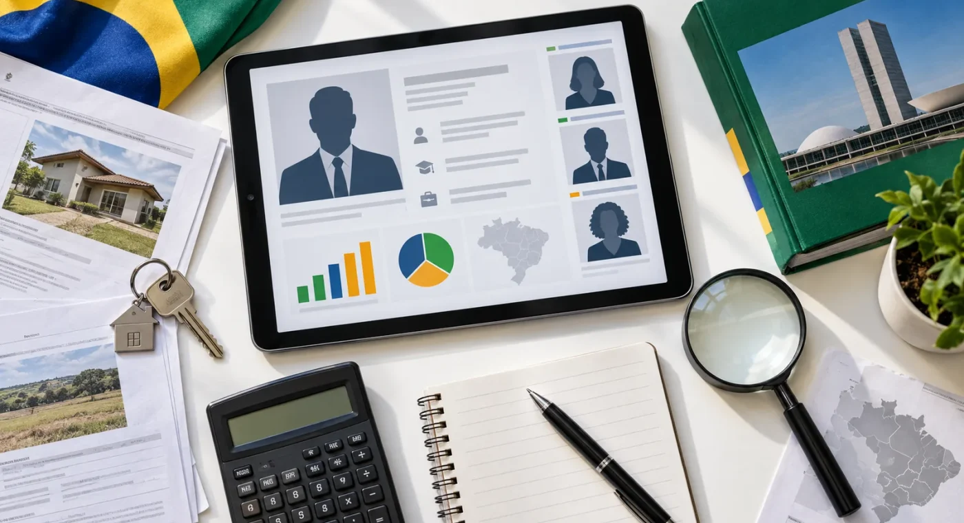 Tablet com dados de candidatos ao lado de documentos patrimoniais e lupa