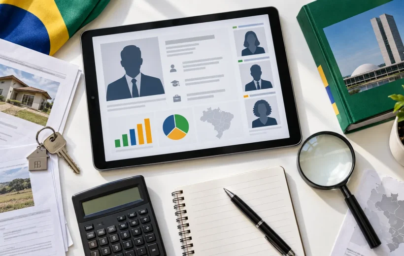 Tablet com dados de candidatos ao lado de documentos patrimoniais e lupa