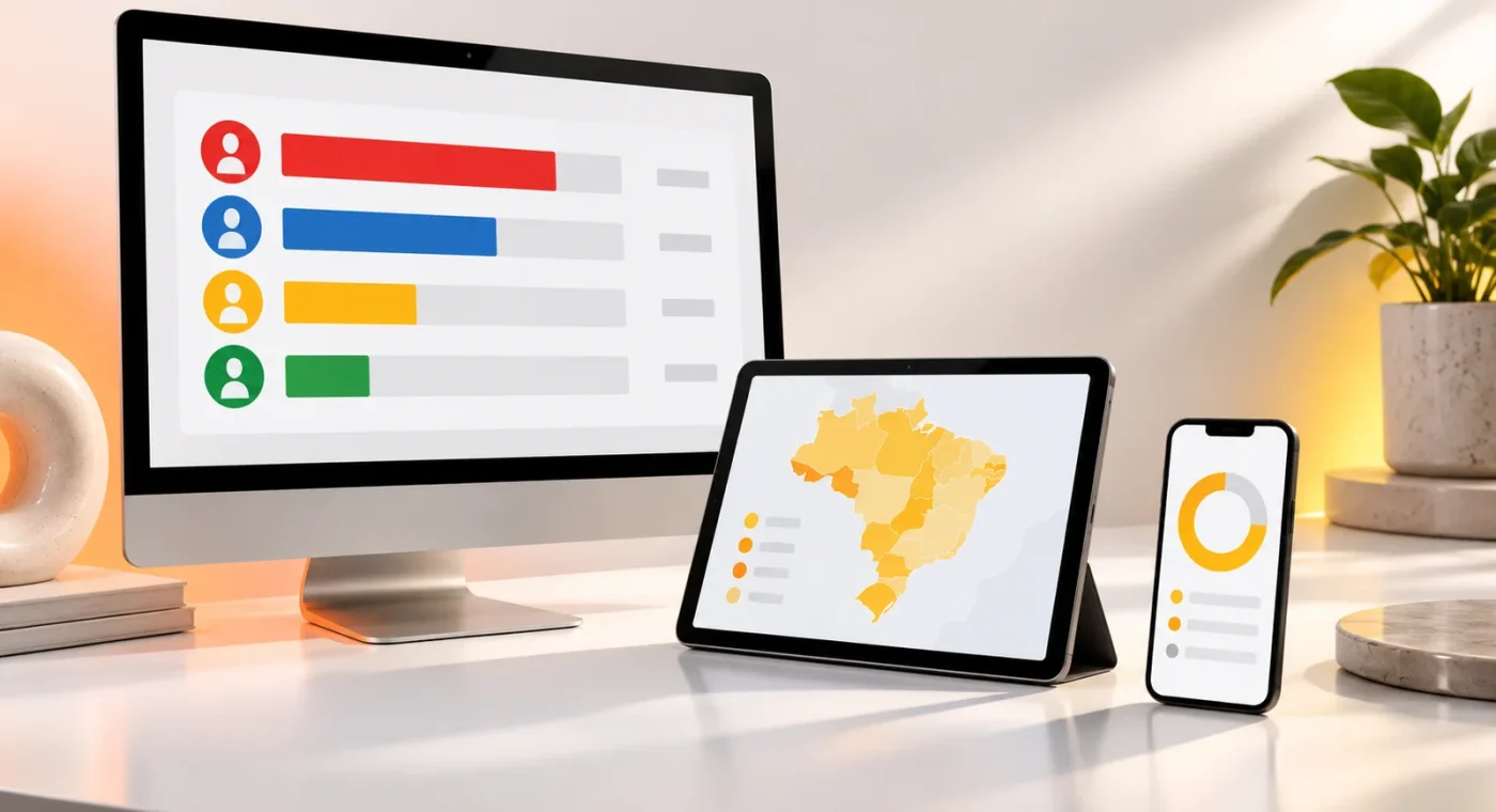 Widgets de apuração exibidos em computador, tablet e celular